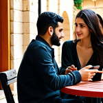 **Prompt 1: A Modern Lebanese Romance with Traditional Roots**
    "A young, stylish Lebanese couple is sitting at a chic outdoor cafe in Beirut, subtly interacting with their smartphones (perhaps looking at a dating app or social media). In the background, hints of traditional Lebanese architecture and a blurred image of an older couple or family members suggest the ever-present family influence. The scene balances modern dating habits with underlying cultural expectations, reflecting a blend of independence and tradition. Soft, warm lighting, vibrant yet not overly saturated colors, cinematic, realistic."