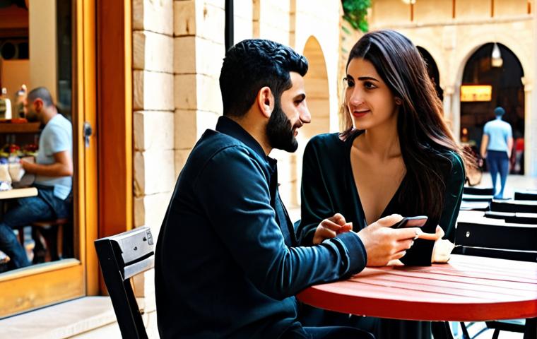 **Prompt 1: A Modern Lebanese Romance with Traditional Roots**
    "A young, stylish Lebanese couple is sitting at a chic outdoor cafe in Beirut, subtly interacting with their smartphones (perhaps looking at a dating app or social media). In the background, hints of traditional Lebanese architecture and a blurred image of an older couple or family members suggest the ever-present family influence. The scene balances modern dating habits with underlying cultural expectations, reflecting a blend of independence and tradition. Soft, warm lighting, vibrant yet not overly saturated colors, cinematic, realistic."