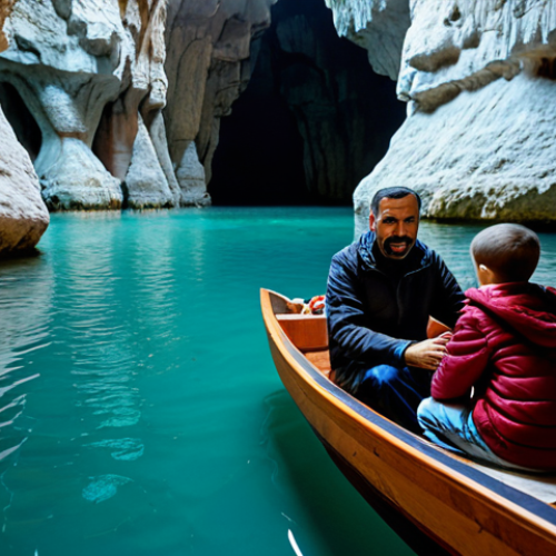 A professional photograph of a family, a father with his son and daughter (approximately 6-8 years old), on a tranquil boat ride inside the majestic Lower Jeita Grotto in Lebanon. The children are fully clothed in modest, comfortable, and appropriate attire suitable for cave exploration. They are looking around with expressions of awe and wonder at the towering stalactites and stalagmites that frame the crystal-clear underground lake. The lighting is soft and ambient, highlighting the natural beauty of the rock formations. Perfect anatomy, correct proportions, natural poses, well-formed hands, proper finger count, natural body proportions. Safe for work, appropriate content, fully clothed, family-friendly, high-quality.
