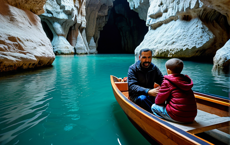 A professional photograph of a family, a father with his son and daughter (approximately 6-8 years old), on a tranquil boat ride inside the majestic Lower Jeita Grotto in Lebanon. The children are fully clothed in modest, comfortable, and appropriate attire suitable for cave exploration. They are looking around with expressions of awe and wonder at the towering stalactites and stalagmites that frame the crystal-clear underground lake. The lighting is soft and ambient, highlighting the natural beauty of the rock formations. Perfect anatomy, correct proportions, natural poses, well-formed hands, proper finger count, natural body proportions. Safe for work, appropriate content, fully clothed, family-friendly, high-quality.