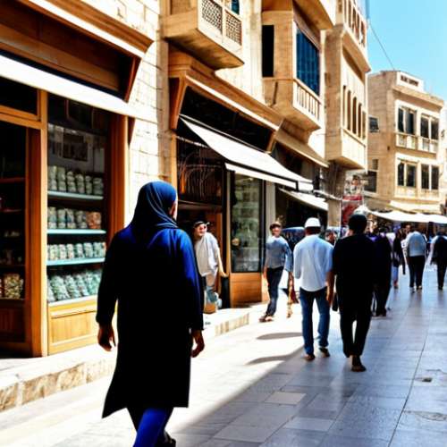The Heart of Souk Al-Tawil**

"A bustling street scene in Souk Al-Tawil, Beirut. Focus on the blend of old stone buildings and modern shops. People are walking, dressed in modest, everyday clothing. Include traditional Lebanese crafts displayed in shop windows. Bright daylight, safe for work, appropriate content, fully clothed, professional quality, perfect anatomy, natural proportions, family-friendly."

**