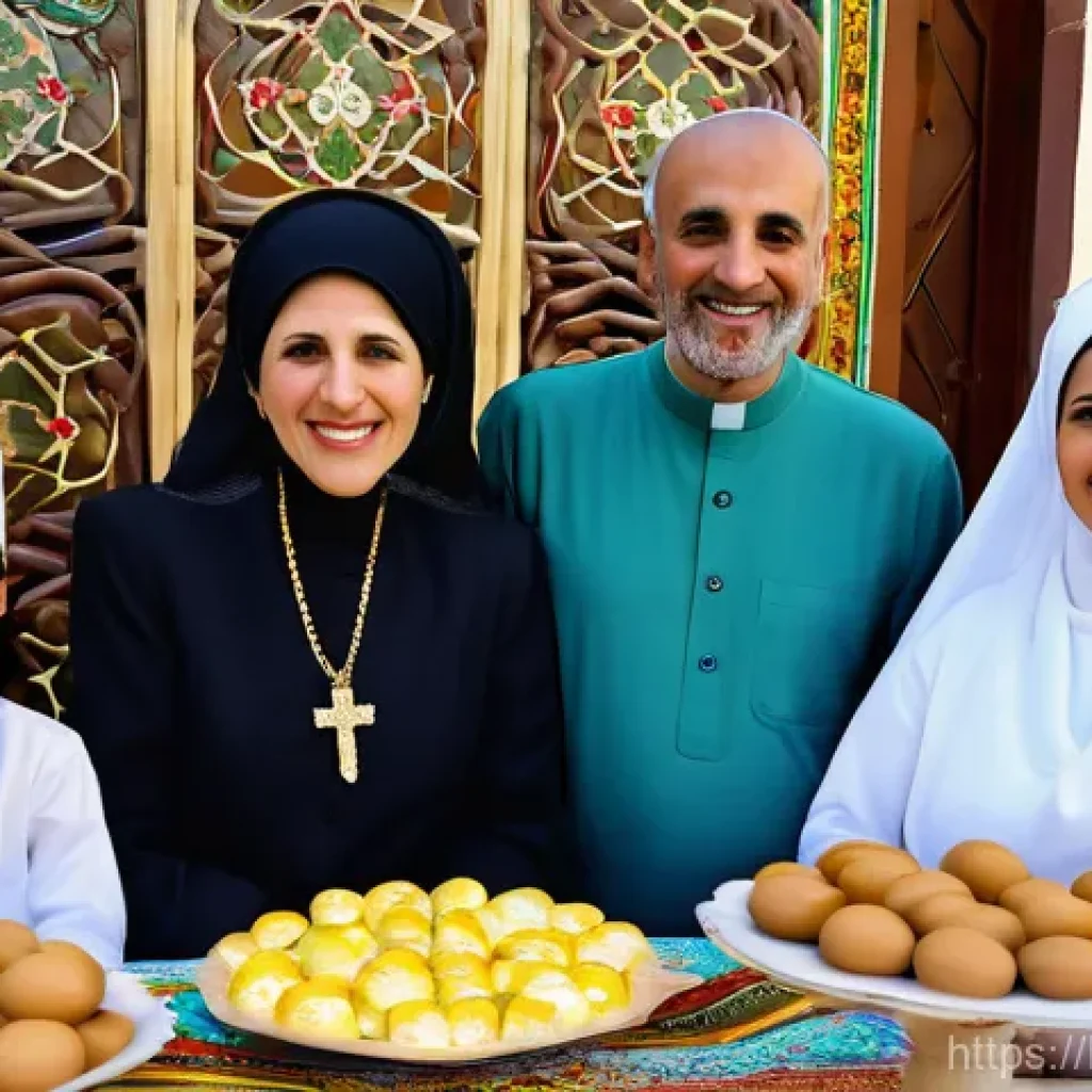 레바논 명절과 그 의의 - **"A heartwarming scene of interfaith harmony during Lebanese festivals. On one side, a Maronite Chr...
