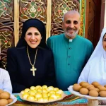 레바논 명절과 그 의의 - **"A heartwarming scene of interfaith harmony during Lebanese festivals. On one side, a Maronite Chr...
