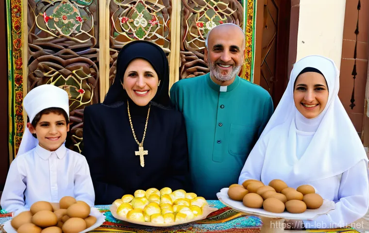 레바논 명절과 그 의의 - **"A heartwarming scene of interfaith harmony during Lebanese festivals. On one side, a Maronite Chr...
