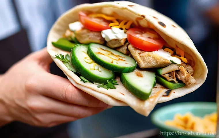 레바논에서 먹어봐야 할 길거리 음식 - **Prompt for Lebanese Chicken Shawarma Wrap:**
"A close-up, dynamic shot of a skilled chef's han...