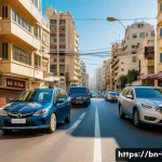 레바논 여행 필수 앱 추천 - A detailed urban scene of Beirut, Lebanon, showcasing a busy street with cars and scooters navigatin...