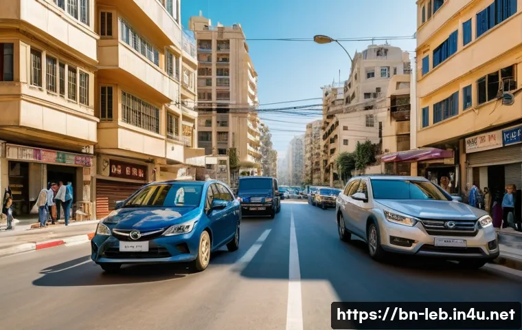 레바논 여행 필수 앱 추천 - A detailed urban scene of Beirut, Lebanon, showcasing a busy street with cars and scooters navigatin...
