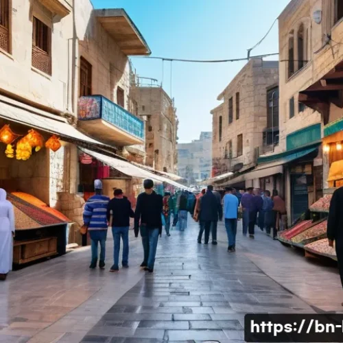 레바논 유명 사진작가 작품 소개 - A vibrant urban street scene in Lebanon showcasing a colorful marketplace with small shops and diver...