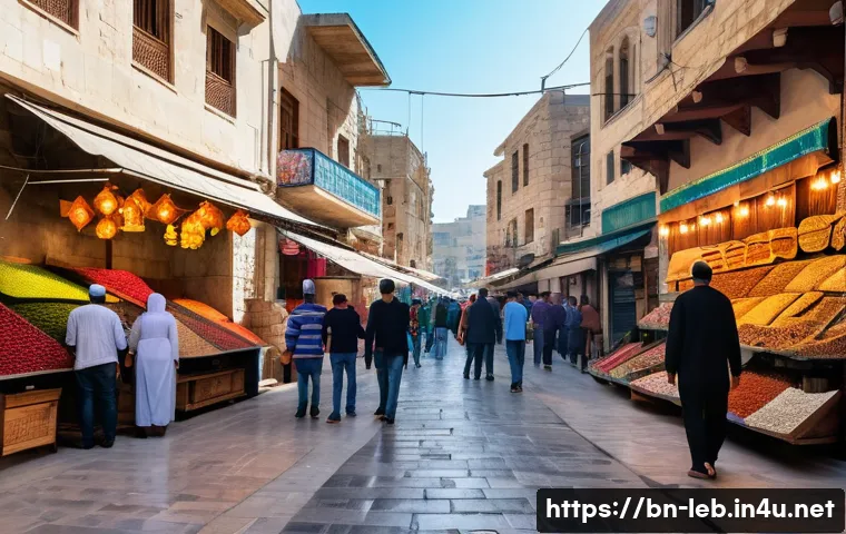 레바논 유명 사진작가 작품 소개 - A vibrant urban street scene in Lebanon showcasing a colorful marketplace with small shops and diver...