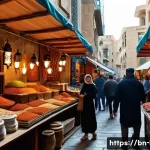 베이루트에서 쇼핑하기  수크와 시장 정보 - A vibrant street scene in Beirut’s historic souk at sunset, showcasing narrow alleys lined with colo...