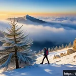레바논의 계절별 여행 추천지 - A serene winter morning scene atop Al Muntara mountain in Lebanon, with soft mist enveloping the rug...