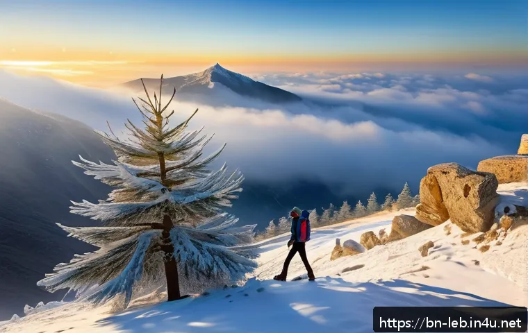 레바논의 계절별 여행 추천지 - A serene winter morning scene atop Al Muntara mountain in Lebanon, with soft mist enveloping the rug...