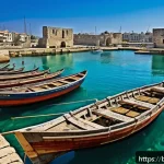 레바논의 유네스코 세계유산 - A detailed ancient Phoenician harbor scene in Tyre, Lebanon, showcasing partially preserved stone do...