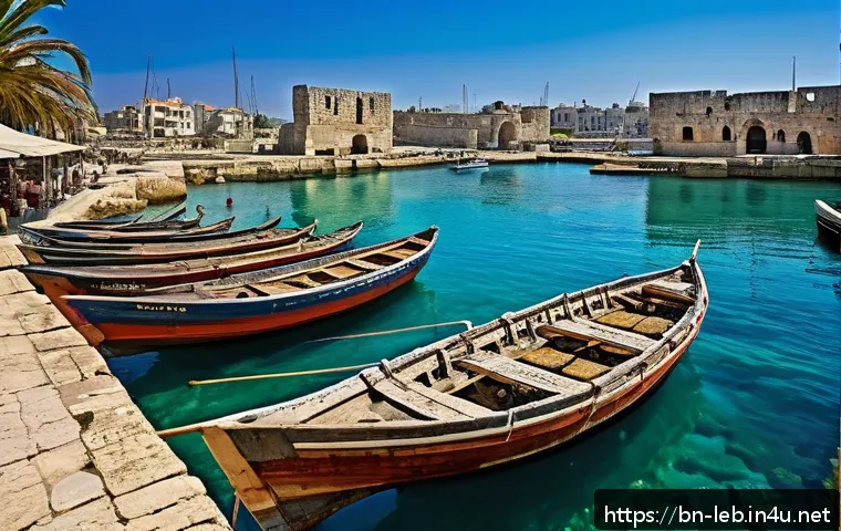 레바논의 유네스코 세계유산 - A detailed ancient Phoenician harbor scene in Tyre, Lebanon, showcasing partially preserved stone do...