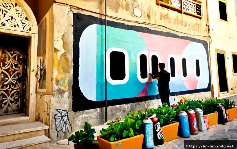 레바논의 거리 예술 및 그래피티 - Photorealistic Beirut side street featuring a large colorful abstract mural on a weathered stone wal...